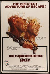8z222 PAPILLON 40x60 '73 great art of prisoners Steve McQueen & Dustin Hoffman by Tom Jung!