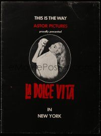 8z001 LA DOLCE VITA 18x24 promo brochure '61 Fellini, Astor Pictures first U.S. release, very rare!