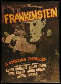 8z146 FRANKENSTEIN 20x28 commercial poster '70s art of Boris Karloff as the monster!