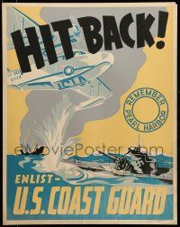 8z103 HIT BACK ENLIST - U.S. COAST GUARD 22x28 WWII war poster '42 great art of Nazi sub attacking!