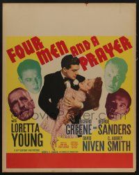 8z056 FOUR MEN & A PRAYER jumbo WC '38 John Ford, Loretta Young, Richard Greene, Niven, Sanders