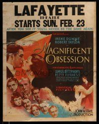 8z066 MAGNIFICENT OBSESSION jumbo WC '35 great romantic art of Irene Dunne & Robert Taylor!