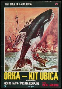 9b402 ORCA Yugoslavian 27x38 '77 wild different artwork of attacking Killer Whale!