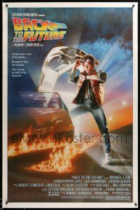 9c065 BACK TO THE FUTURE studio style 1sh '85 art of Michael J. Fox & Delorean by Drew Struzan!