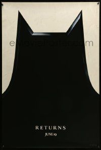 9c081 BATMAN RETURNS teaser 1sh '92 Burton, Keaton, cool partial bat symbol, dated design!