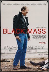 9c112 BLACK MASS teaser DS 1sh '15 cool image of balding Johnny Depp with gun and dead body!