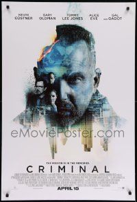 9c195 CRIMINAL advance DS 1sh '16 Kevin Costner, Gary Oldman, Tommy Lee Jones, Ryan Reynolds!