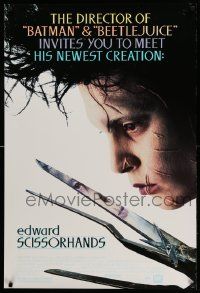 9c250 EDWARD SCISSORHANDS DS 1sh '90 Tim Burton classic, close up of scarred Johnny Depp!