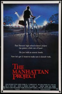 9c549 MANHATTAN PROJECT 1sh '86 Marshall Brickman, John Lithgow, cool artwork of police vs. kid!
