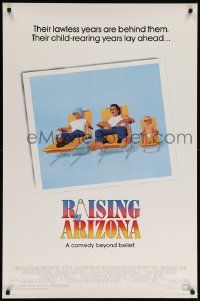 9c710 RAISING ARIZONA 1sh '87 Coen Brothers, best art of Nicolas Cage, Holly Hunter & baby!