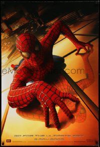 9c825 SPIDER-MAN teaser DS 1sh '02 Tobey Maguire climbing building, Sam Raimi, Marvel Comics!