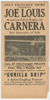 9d129 JOE LOUIS VS CARNERA herald '35 Sensational Colored Bomber vs Man Mountain of Italy, boxing!