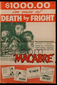 9d795 MACABRE pressbook '58 William Castle, Roy Besser art, $1000 in case of DEATH by FRIGHT!