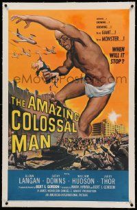9f004 AMAZING COLOSSAL MAN linen 1sh '57 AIP, Bert I. Gordon, Kallis art of the giant monster!
