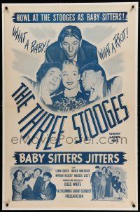 9f009 BABY SITTERS JITTERS linen 1sh '51 Moe, Larry & Shemp, howl at The Three Stooges!
