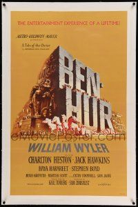 9f018 BEN-HUR linen 1sh '60 Charlton Heston, William Wyler classic religious epic, chariot art!