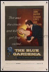 9f025 BLUE GARDENIA linen 1sh '53 Fritz Lang, Anne Baxter, there was nothing lily-white about her!