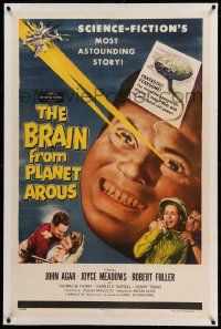 9f028 BRAIN FROM PLANET AROUS linen 1sh '57 evil power made him most feared man in the universe!