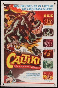 9f035 CALTIKI THE IMMORTAL MONSTER linen 1sh '60 the first life on Earth will be man's last terror!