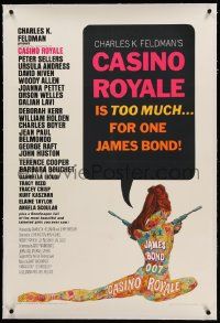 9f038 CASINO ROYALE linen 1sh '67 all-star James Bond spy spoof, psychedelic art by Robert McGinnis!