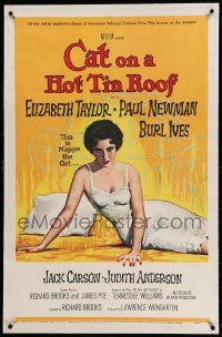9f039 CAT ON A HOT TIN ROOF linen 1sh '58 classic artwork of Elizabeth Taylor as Maggie the Cat!