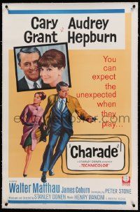 9f040 CHARADE linen 1sh '63 art of tough Cary Grant & sexy Audrey Hepburn, expect the unexpected!
