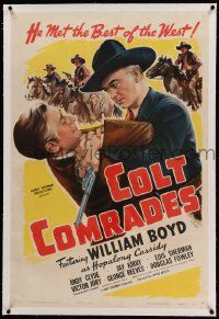 9f045 COLT COMRADES linen 1sh '43 cool art of William Boyd as Hopalong Cassidy catching bad guys!