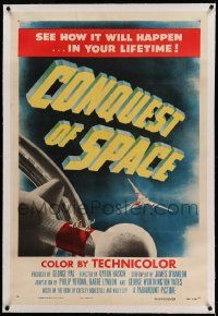 9f048 CONQUEST OF SPACE linen 1sh '55 George Pal sci-fi, see how it will happen in your lifetime!