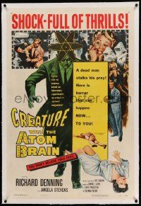 9f051 CREATURE WITH THE ATOM BRAIN linen 1sh '55 cool sci-fi art of dead man stalking his prey!