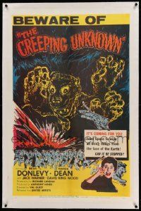 9f052 CREEPING UNKNOWN linen 1sh '56 Hammer horror, wacky monster, Val Guest's Quatermass Xperiment!