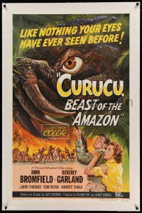 9f055 CURUCU, BEAST OF THE AMAZON linen 1sh '56 Universal horror, cool monster art by Reynold Brown!