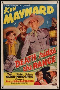 9f059 DEATH RIDES THE RANGE linen 1sh '40 great c/u of cowboy Ken Maynard, art of dagger in note!