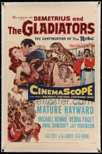 9f060 DEMETRIUS & THE GLADIATORS linen 1sh '54 art of Biblical Victor Mature & Susan Hayward!