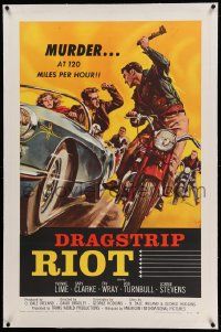 9f064 DRAGSTRIP RIOT linen 1sh '58 murder at 120 miles per hour, youth gone wild, classic biker art!