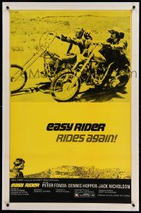 9f066 EASY RIDER linen 1sh R72 classic image of Peter Fonda & Dennis Hopper on motorcycles!