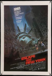 9f071 ESCAPE FROM NEW YORK linen studio style 1sh '81 cool Jackson art of decapitated Lady Liberty!