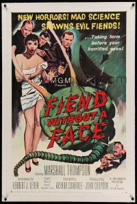 9f074 FIEND WITHOUT A FACE linen 1sh '58 giant brain & sexy girl in towel, mad science spawns evil!