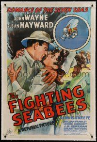 9f076 FIGHTING SEABEES linen 1sh '44 art of Navy man John Wayne & sexy Susan Hayward, ultra rare!
