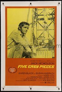 9f078 FIVE EASY PIECES linen 1sh '70 great close up of Jack Nicholson, directed by Bob Rafelson!