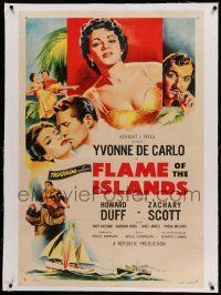 9f079 FLAME OF THE ISLANDS linen 1sh '55 art of Yvonne De Carlo, a woman made for love, Howard Duff
