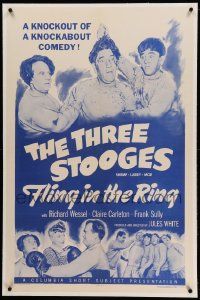 9f081 FLING IN THE RING linen 1sh '55 Three Stooges Moe, Larry & Shemp, a knockout of a comedy!