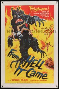 9f083 FROM HELL IT CAME linen 1sh '57 classic artwork of wacky tree monster holding sexy girl!
