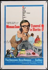 9f084 FUNERAL IN BERLIN linen 1sh '67 art of Michael Caine pointing gun, directed by Guy Hamilton!