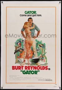 9f086 GATOR linen 1sh '76 art of Burt Reynolds & Lauren Hutton by McGinnis, White Lightning sequel!