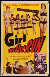 9f095 GIRL ON THE RUN linen 1sh '53 great images of sexy half-dressed strippers & tough gangsters!