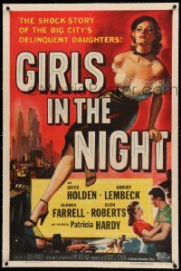 9f096 GIRLS IN THE NIGHT linen 1sh '53 great art of barely dressed sexy bad girl with beret!