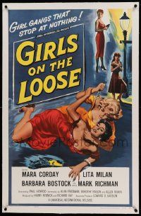 9f097 GIRLS ON THE LOOSE linen 1sh '58 classic catfight art of girls in gangs who stop at nothing!