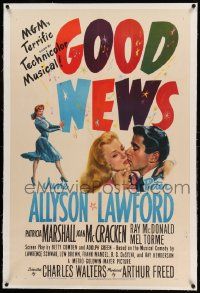 9f100 GOOD NEWS linen 1sh '47 art of June Allyson & Peter Lawford kissng, Technicolor musical!