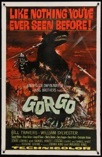 9f102 GORGO linen 1sh '61 great artwork of giant monster terrorizing city by Joseph Smith!