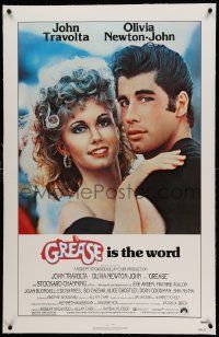9f103 GREASE linen 1sh '78 c/u of John Travolta & Olivia Newton-John in a most classic musical!